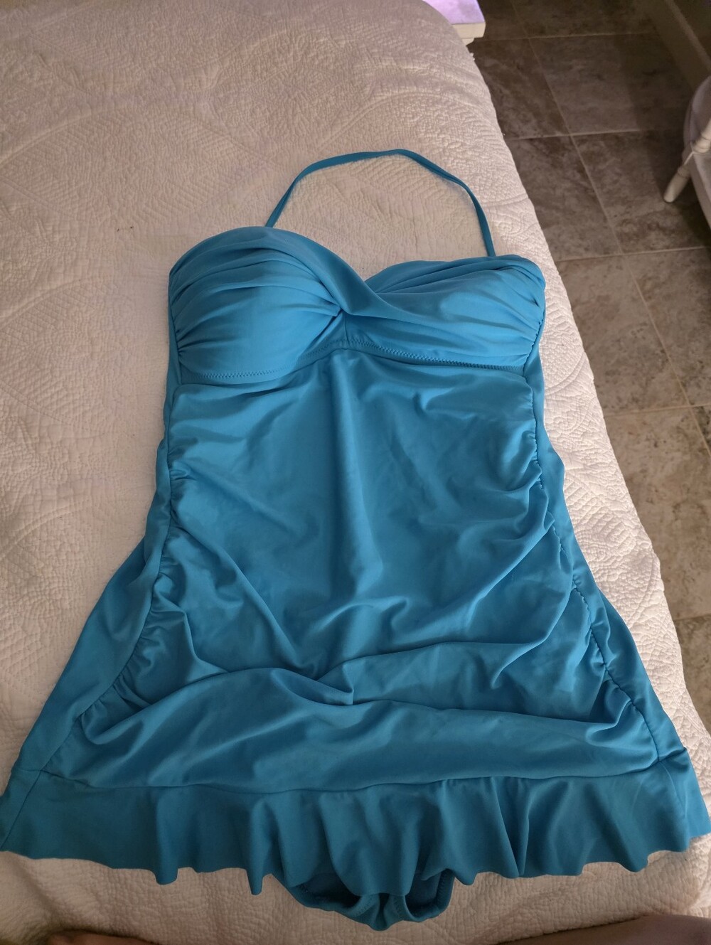 Teal Halter Swimdress with Ruffle Hem